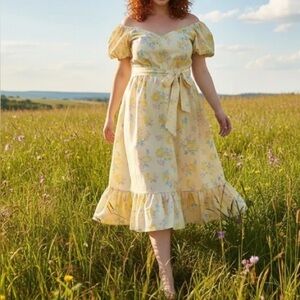 NWT LoveShackFancy Ines Yellow Floral Midi Dress Puff Sleeve Sweetheart Neckline